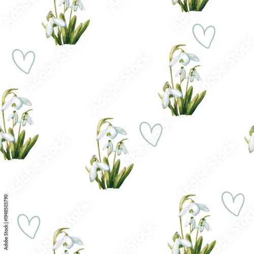 Beautiful and delicate first spring flowers, leaves, and twigs in pastel tones. A seamless pattern featuring spring flowers.