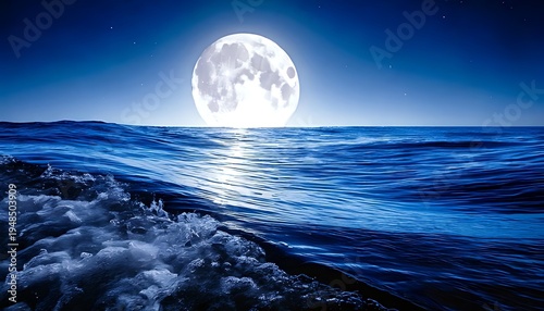 Ocean waves crash under a bright full moon, reflecting light on the water's surface; stars dot the inky night sky