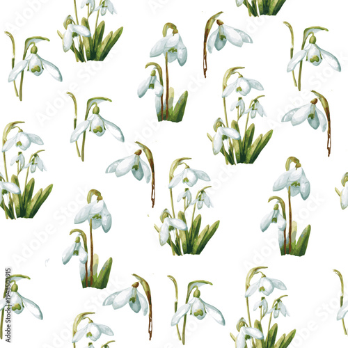 Beautiful and delicate first spring flowers, leaves, and twigs in pastel tones. A seamless pattern featuring spring flowers.
