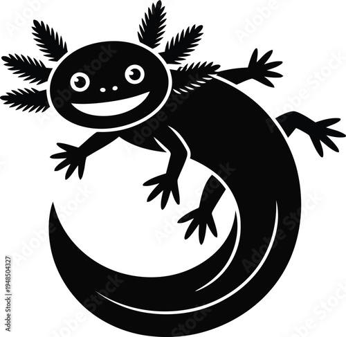 A cheerful black and white illustration of an axolotl with a smiling face and branches