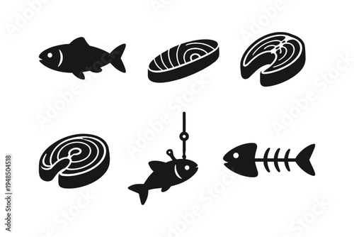 Fish seafood icons solid black icon set vector illustration