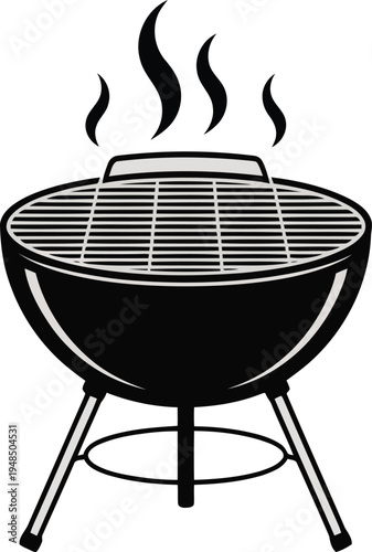 A black and white illustration of a round barbecue grill with smoke rising from it.