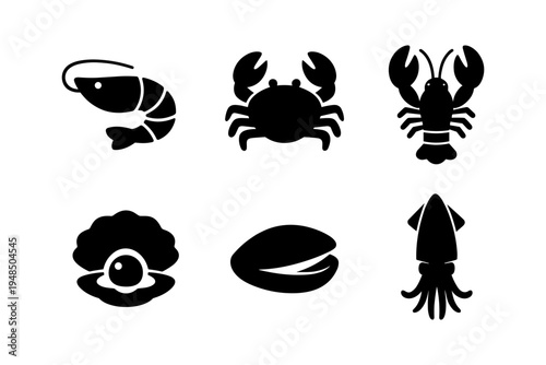 Seafood icons solid black icon set vector illustration