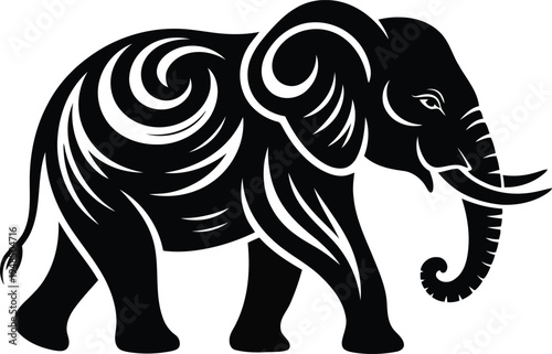 A majestic black and white illustration of an elephant with intricate swirls