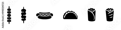 Street food, hot dog, taco, wrap, skewer, kebab, fast food, snack, food cart, food truck