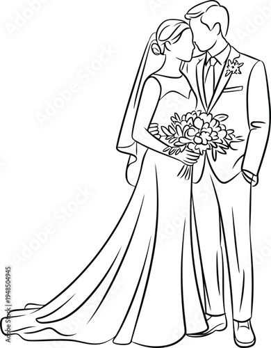 A newlywed couple sharing a romantic moment with a bouquet of flowers