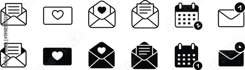 Flat vector illustration, communication icons, email symbol, envelope graphic, heart icon, calendar design, scheduling concept, notification badge, correspondence graphic, message design