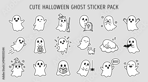 Cute Halloween ghost sticker pack with tiny spooky characters