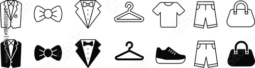 Flat vector illustration, clothing icons, fashion symbols, suit jacket, bow tie, tuxedo graphic, clothes hanger, t‑shirt icon, shorts design, handbag graphic