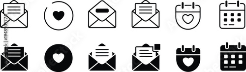 Flat vector illustration, communication icons, email symbol, envelope graphic, heart icon, calendar design, scheduling concept, notification icon, correspondence graphic, message design