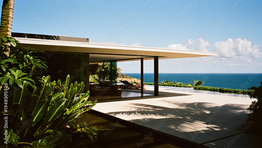 Fototapeta premium A modern vacation villa on the tropical ocean, beach view, resort villa.