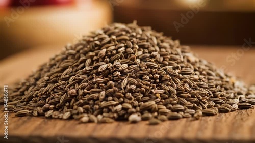 Pile of Anise Seeds on Wooden Surface Close-Up.