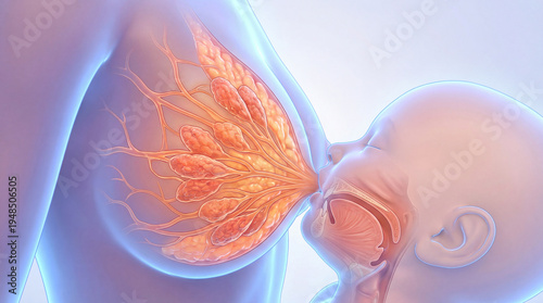 Illustration of a baby latch onto a breast, showing internal anatomy for milk production