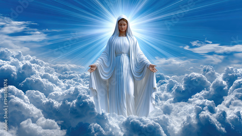 Virgin Mary portrait looking up, ascending into divine light surrounded by clouds, symbolizing the Assumption into Heaven and eternal life