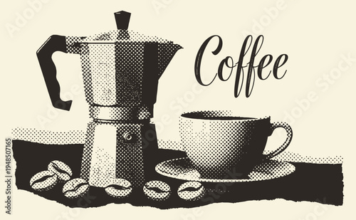 Moka Pot and Coffee Cup Vintage Illustration in Halftone Style
