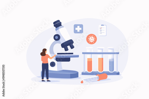 Medical Laboratory Research and Analysis Concept with Microscope and Test Tubes, Healthcare Diagnostics and Scientific Testing, Modern Medicine Technology Flat Vector Illustration