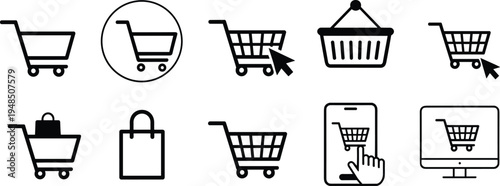 Flat vector illustration, online shopping icons, e‑commerce symbol, shopping cart, basket icon, buy button, retail design, digital purchase, store interface, consumer goods