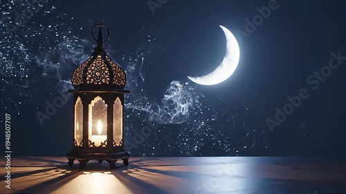 Wallpaper Mural A serene nighttime scene featuring a lantern on a table under a crescent moon. Torontodigital.ca