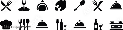 Flat vector illustration, dining and beverage icons, food service, chef hat, cloche, wine bottle, utensils set, restaurant symbol, culinary design, gourmet meal