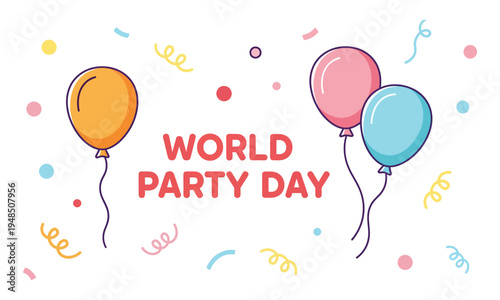 Vibrant world party day celebration with colorful balloons and confetti