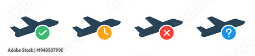 Flight status flat icon collection. Featuring airplane on time, delayed, cancelled, and question mark icon set for travel schedule management. Vector illustration and transparent PNG background
