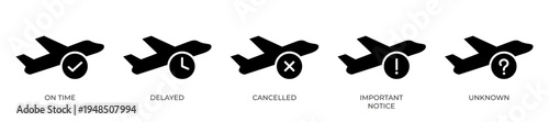 Black flight status icon set. Flat, on time, delayed, cancelled, important notice, unknown, and airline schedule vector icons. Transparent PNG and solid illustration