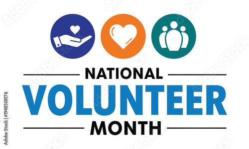 National volunteer month logo with symbols of helping hands and hearts