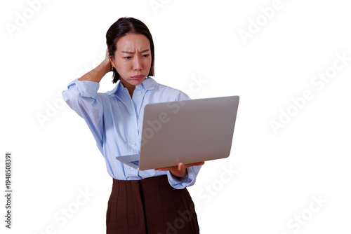 Confused business woman stressing with laptop, experiencing error, problem, working remotely, frustrated expression