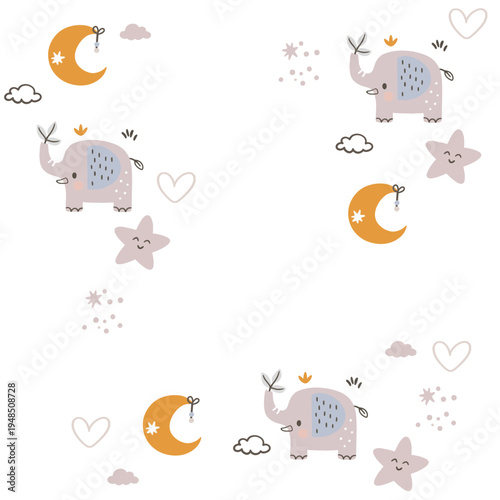 A charming, seamless children's pattern featuring animals and nature motifs. A hand-drawn floral pattern depicting animals, clouds, leaves, and nature against a white background.