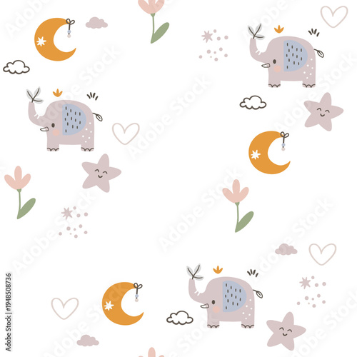 A charming, seamless children's pattern featuring animals and nature motifs. A hand-drawn floral pattern depicting animals, clouds, leaves, and nature against a white background.