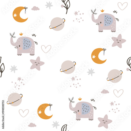 A charming, seamless children's pattern featuring animals and nature motifs. A hand-drawn floral pattern depicting animals, clouds, leaves, and nature against a white background.