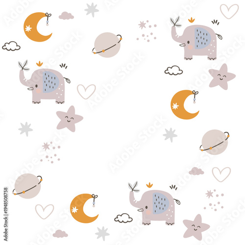 A charming, seamless children's pattern featuring animals and nature motifs. A hand-drawn floral pattern depicting animals, clouds, leaves, and nature against a white background.