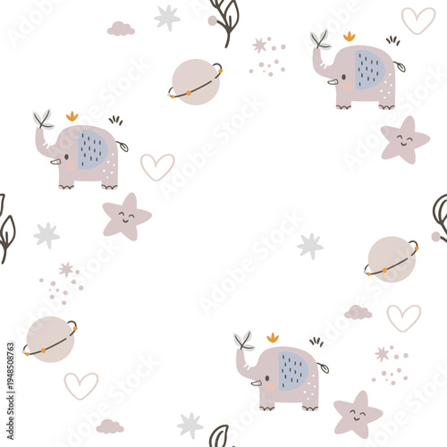 A charming, seamless children's pattern featuring animals and nature motifs. A hand-drawn floral pattern depicting animals, clouds, leaves, and nature against a white background.