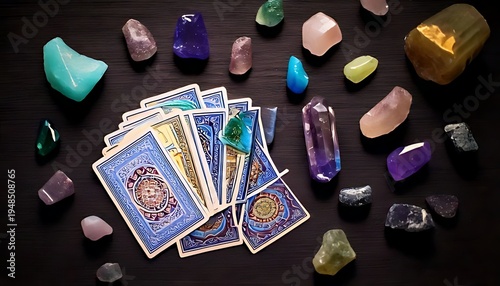 Flat lay of tarot cards fanned with assorted colorful crystals and gemstones scattered on a dark wooden surface