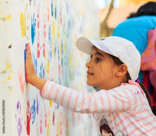Girl Making Colorful Handprints on White Wall Outdoor