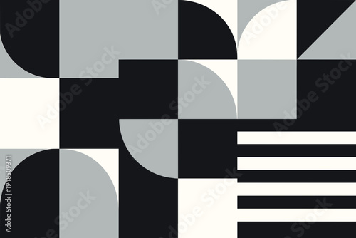 Black gray and cream Bauhaus mixed circle arc rectangle and stripe abstract geometric grid background. Flat vector monochrome modular composition. Modern bold graphic wallpaper design