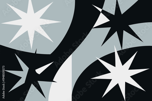 Black gray and white bold eight point star abstract geometric background. Flat vector monochrome scattered star shape composition on dark. Modern dramatic graphic wallpaper design