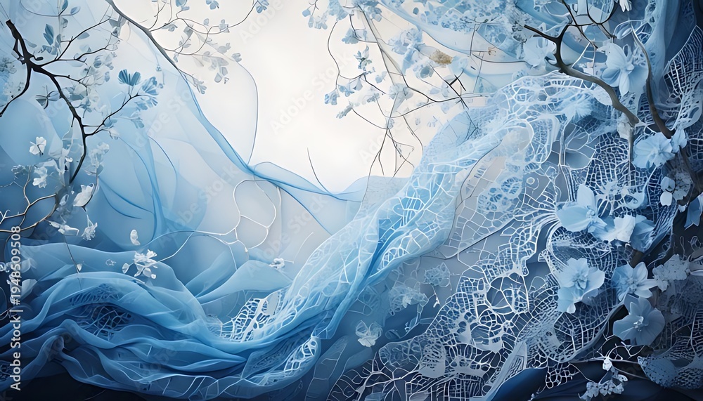 Naklejka premium Delicate blue fabric drapes and swirls, intertwined with frosted branches and delicate floral accents, creating an ethereal scene