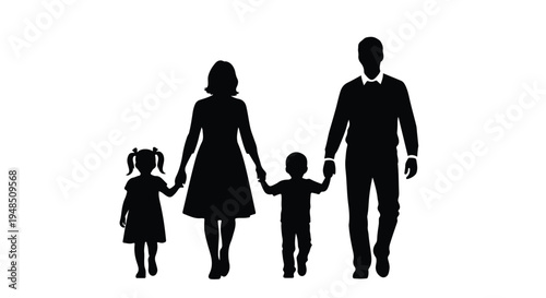 Silhouette of a family of four walking hand in hand against a clean white background.