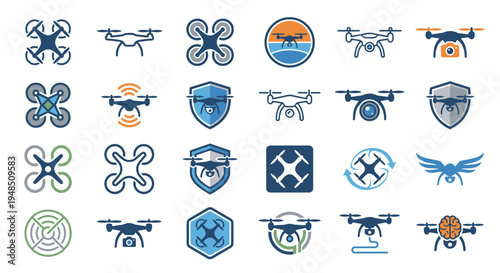 A collection of drone icons and logos in various designs, some featuring shields, wings, and circular elements.