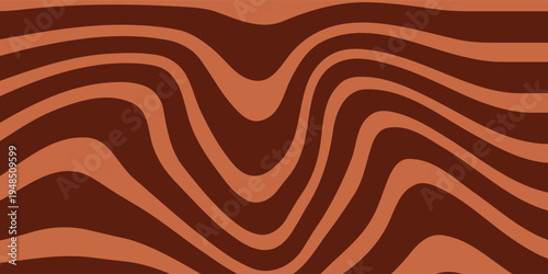 Retro coffee color background. Milk chocolate liquid dessert texture. Wavy swirl candy pattern for poster, cover, banner, pamphlet. Vintage brown trippy hippie wallpaper in 60s or 70s style. Vector