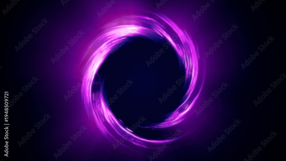 Fototapeta premium Looped twirl circle of stripes and lines of bright purple beautiful magical energy glowing neon, round frame. Abstract background