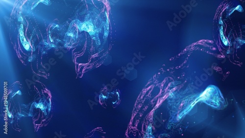 Foto A vibrant depiction of floating blue spheres in a cosmic environment, resembling