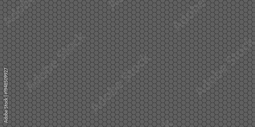 Dark grey abstract wide horizontal banner with hexagon carbon fiber grid and orange luminous lines. Technology vector background with orange neon lines