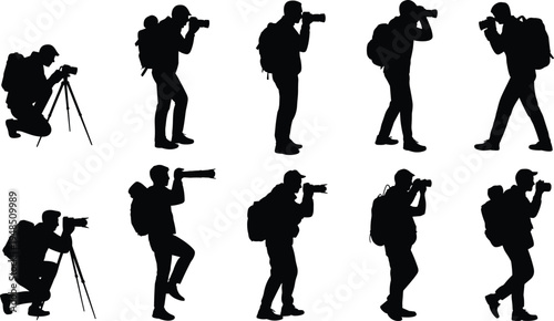 Photographer silhouette collection, professional camera operators shooting photos vector illustration, travel photography poses isolated media creator activity set