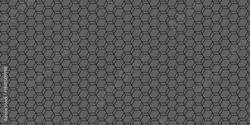 Dark grey abstract wide horizontal banner with hexagon carbon fiber grid and orange luminous lines. Technology vector background with orange neon lines