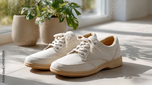 a pair of orthopedic shoes on a light-colored floor, a minimalist composition