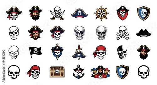 Collection of pirate themed skull icons and symbols, including hats, swords, flags, wheels, and treasure chests.