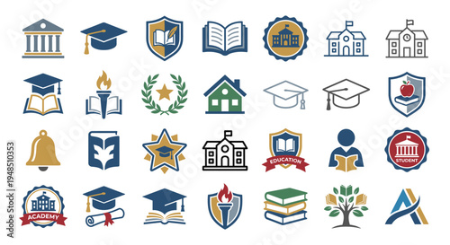 Collection of education-themed icons featuring buildings, books, and graduation symbols.