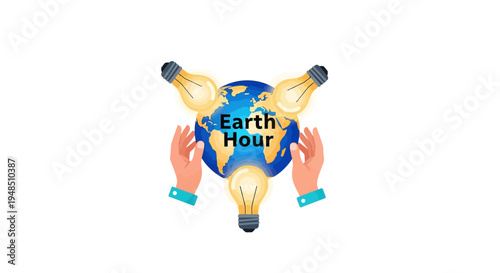 Illustration of hands holding a globe with light bulbs for Earth Hour, a sustainability campaign concept with a global map and city buildings in a vector style with eco-friendly themes